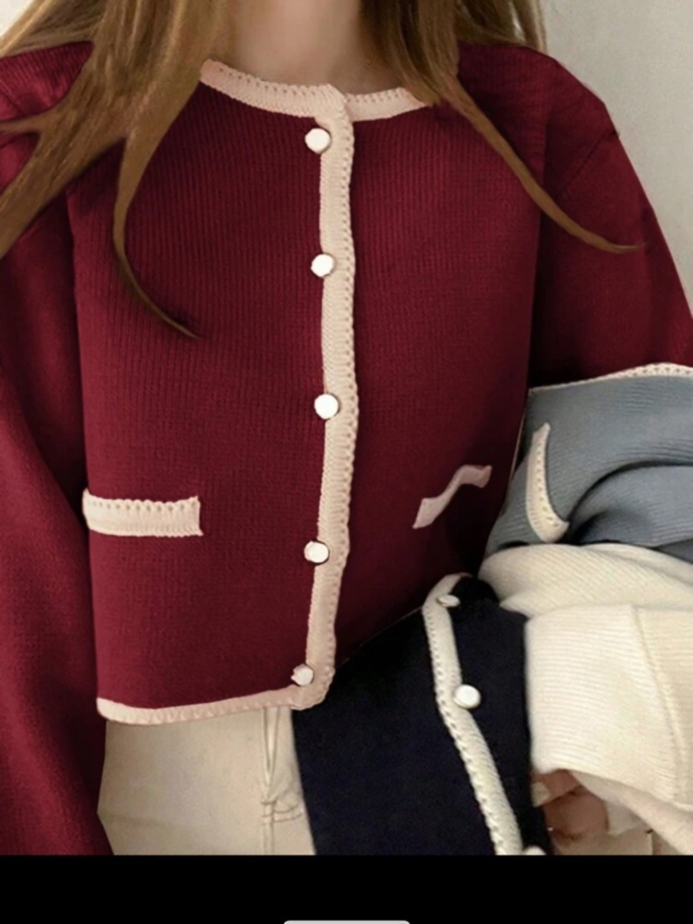 SHEIN Burgundy Cropped Cardigan with Cream Trim